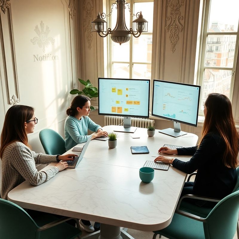Malý tým spolupracuje u stolu s Notion dashboardem na monitorech